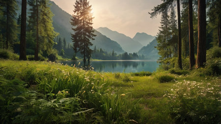 Sunset on the lake in the mountains with coniferous forestの写真素材