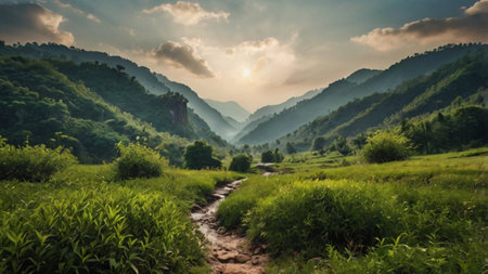 Panoramic view of a lush green valley with a small stream running through it, nestled between...
