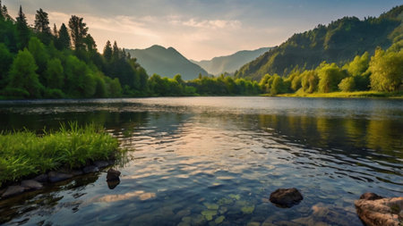 Beautiful summer landscape with the mountain river and the forest on the shoreの写真素材