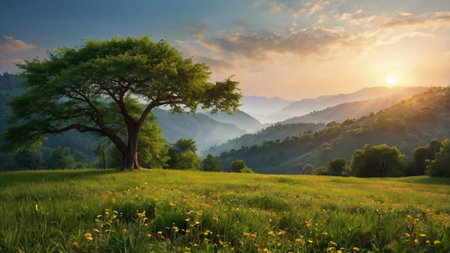 Sunset in the mountains landscape with tree and meadow at foreground