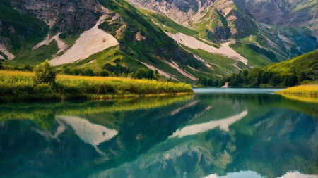Reflection of mountains in a mountain lake. Beautiful summer landscape.の写真素材