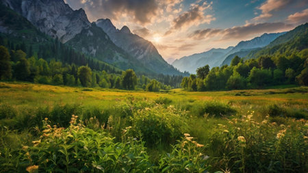 Panoramic view of alpine meadow at sunset, Dolomites, Italyの写真素材