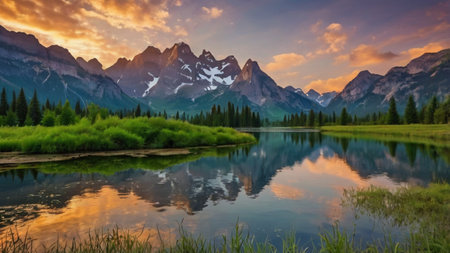 Panoramic view of the lake in the mountains at sunset.