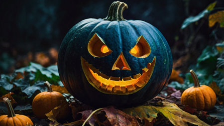 Halloween pumpkin with scary face in the dark forest. Halloween conceptの写真素材