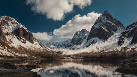Mountains reflected in the lake, Cordillera Blanca, Peruの写真素材