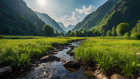 Landscape of mountain river and green forest on sunny summer day.の写真素材