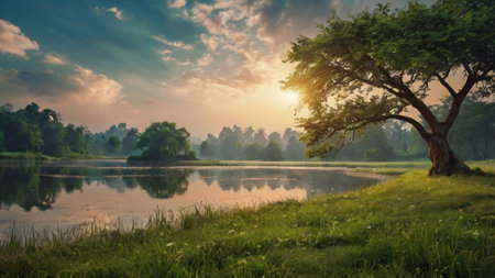 Beautiful landscape with tree and lake at sunrise in the morning.の写真素材