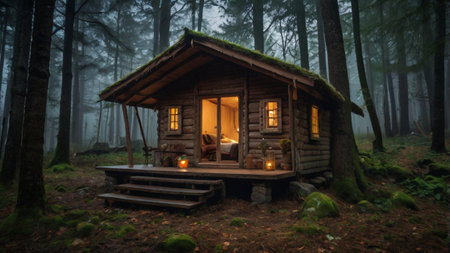 Wooden cottage in the forest at night with a view of the forest.