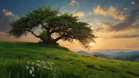 Lonely tree on the hill at sunset. Panoramic viewの写真素材