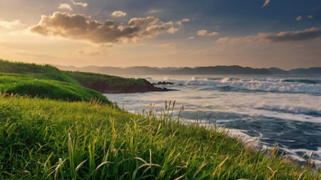 Beautiful seascape with green grass and blue sky at sunset