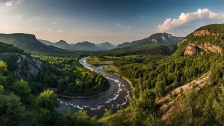 Panoramic view of the river and mountains in the summer.の写真素材