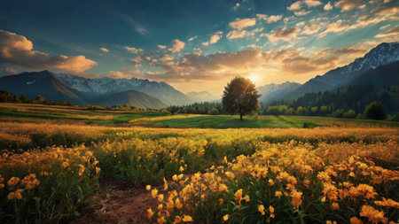 Sunset over the meadow with yellow flowers and mountains in the backgroundの写真素材