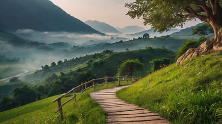 Wooden footpath in the mountains with morning mist and fog.の写真素材