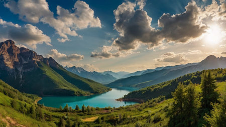 A panoramic view of the mountain lake in the Alps.の写真素材