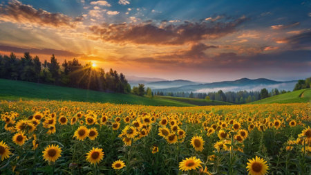 Sunflower field at sunset in the Carpathian Mountains, Ukraine