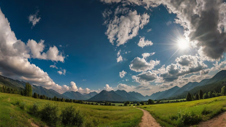 Panoramic view of a road in the mountains. Summer landscape.の写真素材