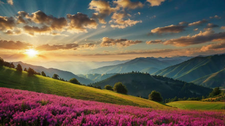 Mountain meadow at sunset. Beautiful summer landscape with pink flowers.の写真素材