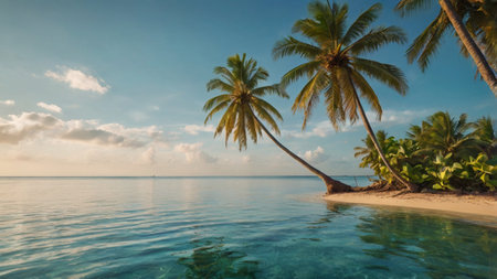 Tropical beach with coconut palm trees at sunset