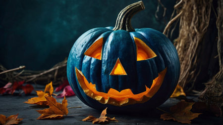 Halloween pumpkin on dark background with autumn leaves, copy space.の写真素材