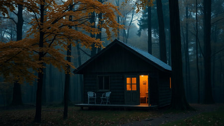 Wooden cottage in the autumn forest at night with fog in the backgroundの写真素材