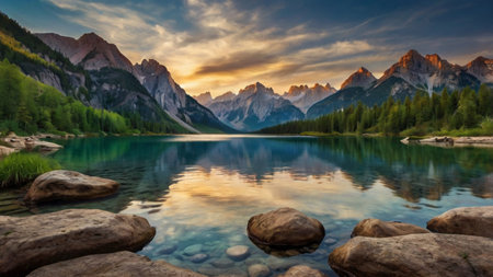 Mountain lake at sunrise in the Dolomites, Italy.