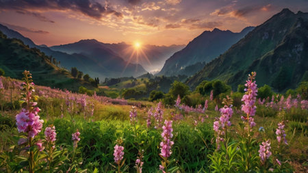 Sunset in the mountains. Beautiful summer landscape with flowers and mountainsの写真素材