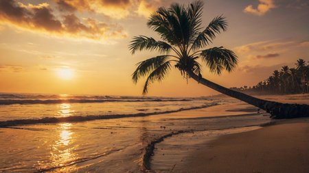 Palm tree on the beach at sunset. Beautiful tropical landscape.の写真素材