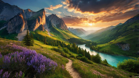 Sunset in the Dolomites, Italy. Summer landscape.