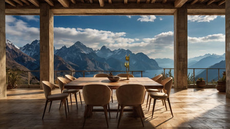 Interior of a restaurant with a beautiful view of the mountains.の写真素材