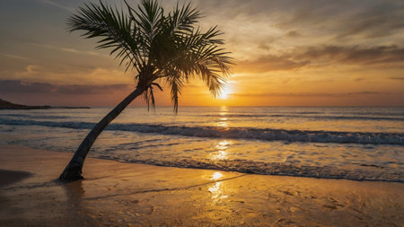 Palm tree on the beach at sunset in Bali, Indonesiaの写真素材