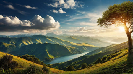Beautiful morning landscape with mountains and lake. Panoramic viewの写真素材
