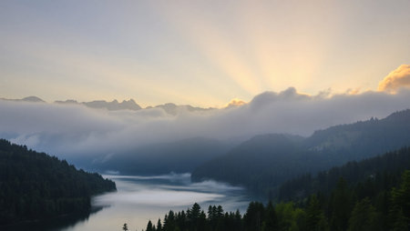 Sunset over the lake Hintersee in Bavaria, Germanyの写真素材