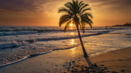 Palm tree on the beach at sunset. Beautiful tropical landscape.の写真素材