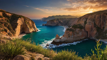 Beautiful sunset in Porto Katsiki beach, Lefkada, Greeceの写真素材