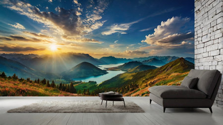 Modern bright interiors. Comfortable sofa and coffee table on wooden floor in front of beautiful...