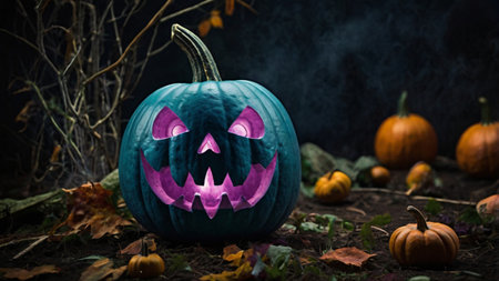 Halloween pumpkin with scary face in the forest. Halloween concept.の写真素材