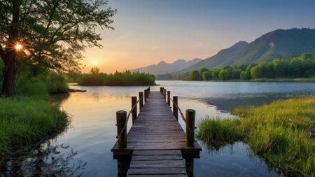 Sunset on the lake with wooden pier and mountains in the backgroundの写真素材