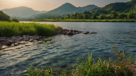 landscape of a mountain lake in the evening with green grass and rocks