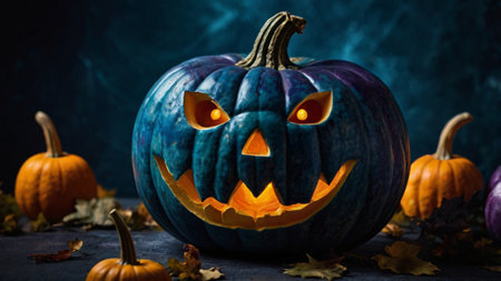 Halloween pumpkins with scary faces and autumn leaves on dark backgroundの写真素材