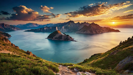 Beautiful panoramic view of Lake Geneva and Montreux at sunset, Switzerlandの写真素材