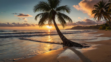 Coconut palm tree on the beach at sunset, Seychellesの写真素材