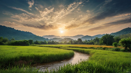 Rice field with mountain background at sunset, Chiang Mai, Thailandの写真素材