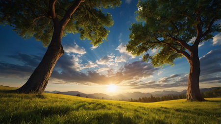Sunset over a meadow with trees in the foreground and mountains in the background