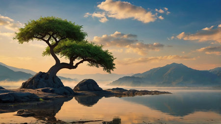 Tree on the shore of the lake at sunset with mountains in the background