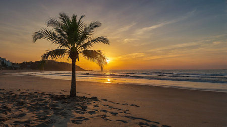 Palm tree on the beach at sunset, Costa Rica, Central Americaの写真素材