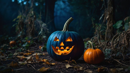 Halloween pumpkins and jack-o-lantern in the forestの写真素材