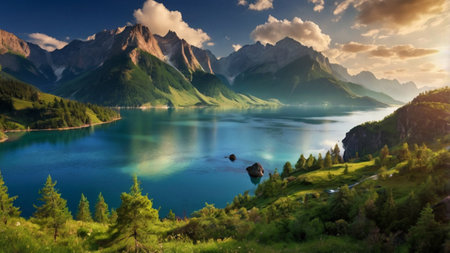Beautiful alpine lake in Switzerland. Panoramaの写真素材
