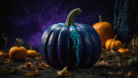 Halloween pumpkins and autumn leaves on dark background with copy spaceの写真素材