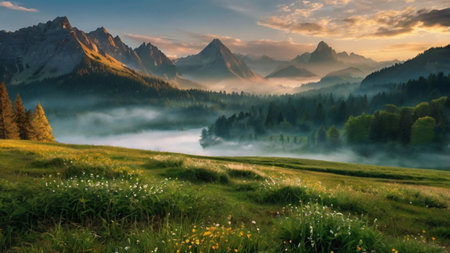 Foggy morning in the Alps. Panoramaの写真素材