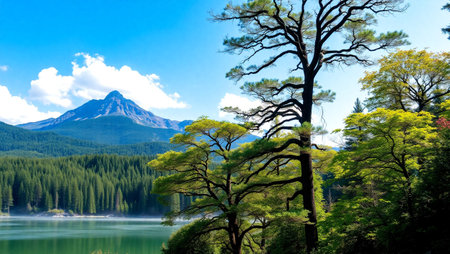 Beautiful landscape of lake and pine trees in the forest, Japanの写真素材